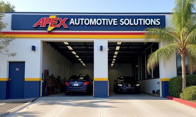 Front entrance of Apex Automotive Solutions shop location with signage at 14509 Victory Boulevard, Los Angeles